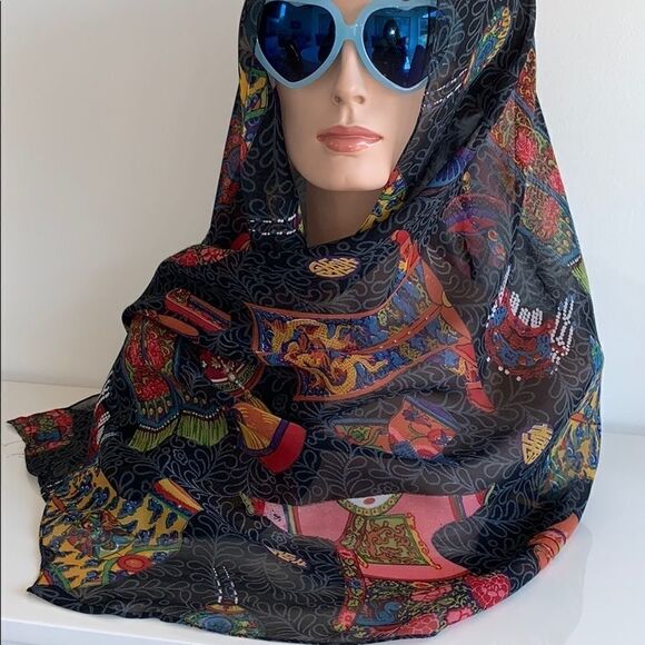 Vintage Chinese clothing design black rayon scarf - Picture 5 of 10